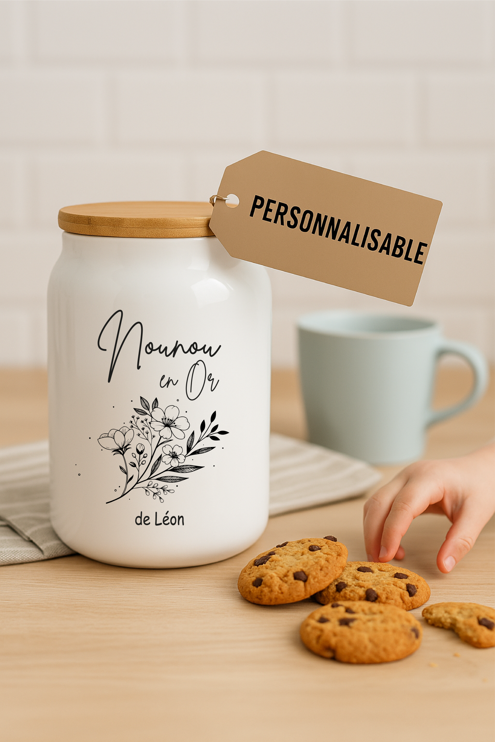 Pot à cookies personnalisable 500 ml “Nounou en Or” – Cadeau nounou – Cadeau fête des nounous ou Noël – Pot à biscuits céramique avec couvercle bambou – Image 2