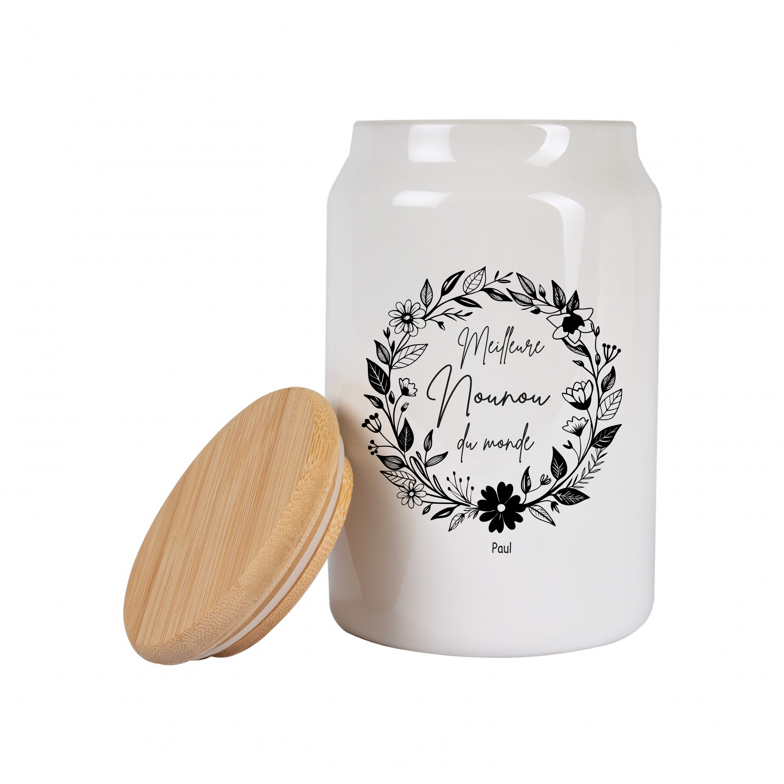 Pot à cookies personnalisable 500 ml “Meilleure Nounou du Monde” – Cadeau nounou – Cadeau fête des nounous ou Noël – Pot à biscuits céramique avec couvercle bambou – Image 6