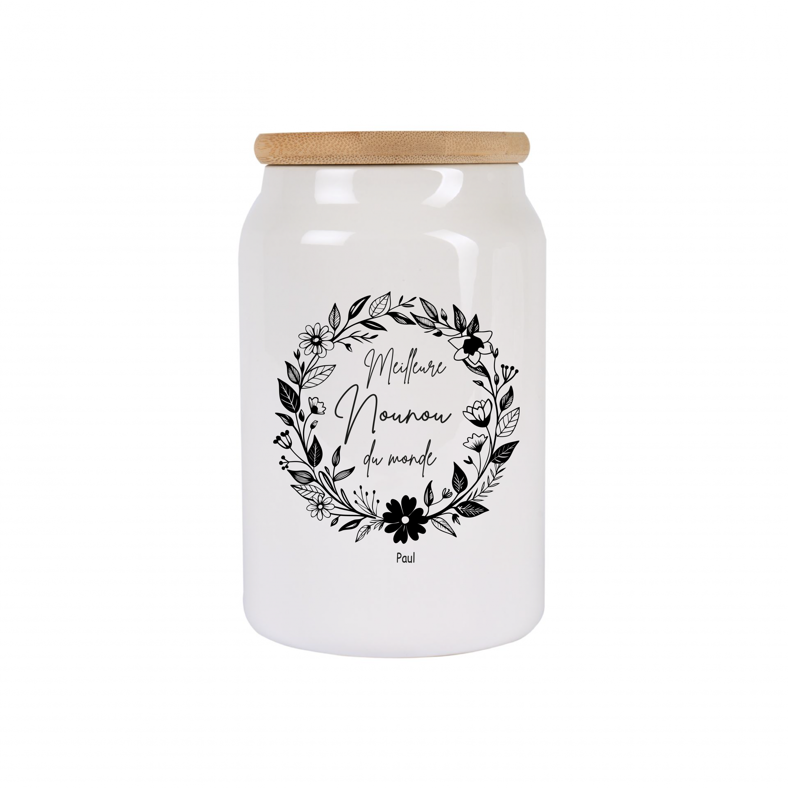 Pot à cookies personnalisable 500 ml “Meilleure Nounou du Monde” – Cadeau nounou – Cadeau fête des nounous ou Noël – Pot à biscuits céramique avec couvercle bambou – Image 5