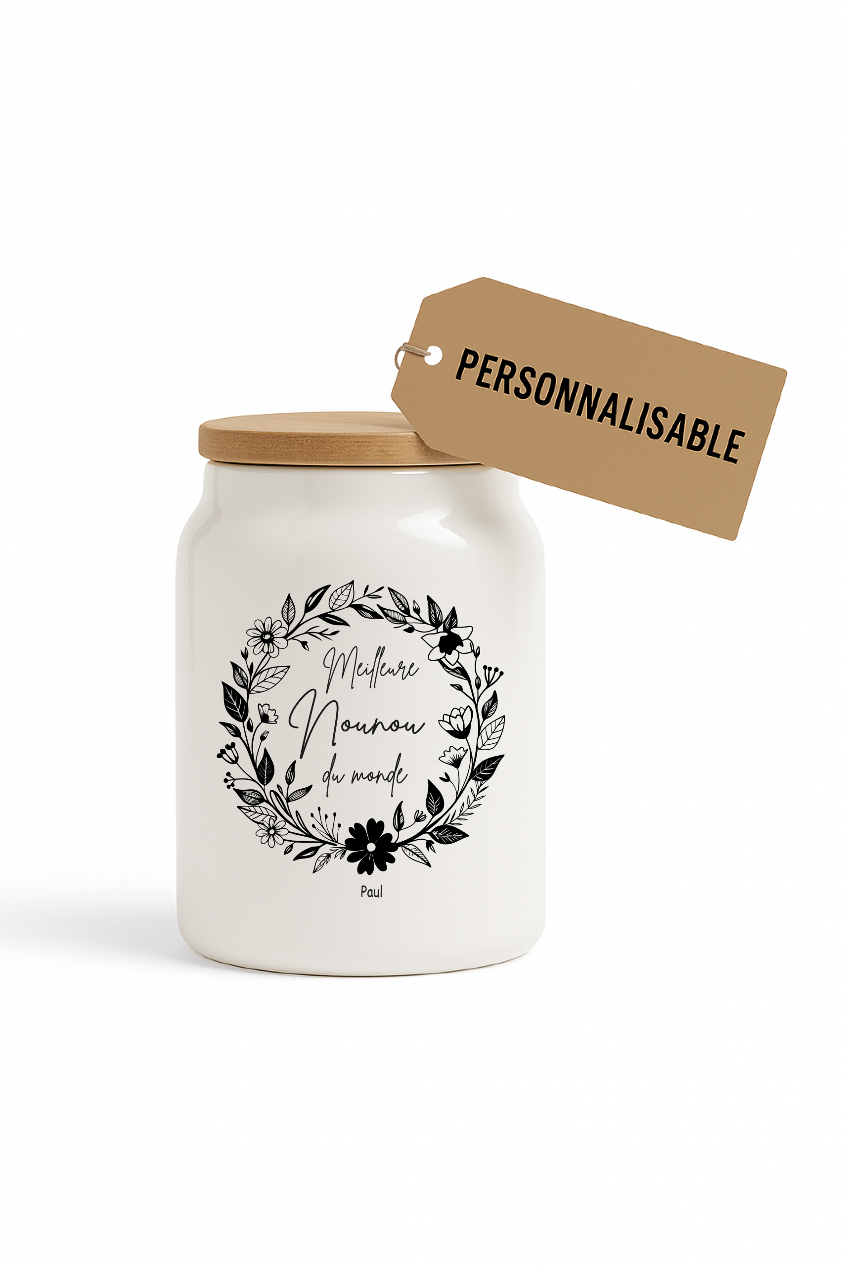 Pot à cookies personnalisable 500 ml “Meilleure Nounou du Monde” – Cadeau nounou – Cadeau fête des nounous ou Noël – Pot à biscuits céramique avec couvercle bambou – Image 4