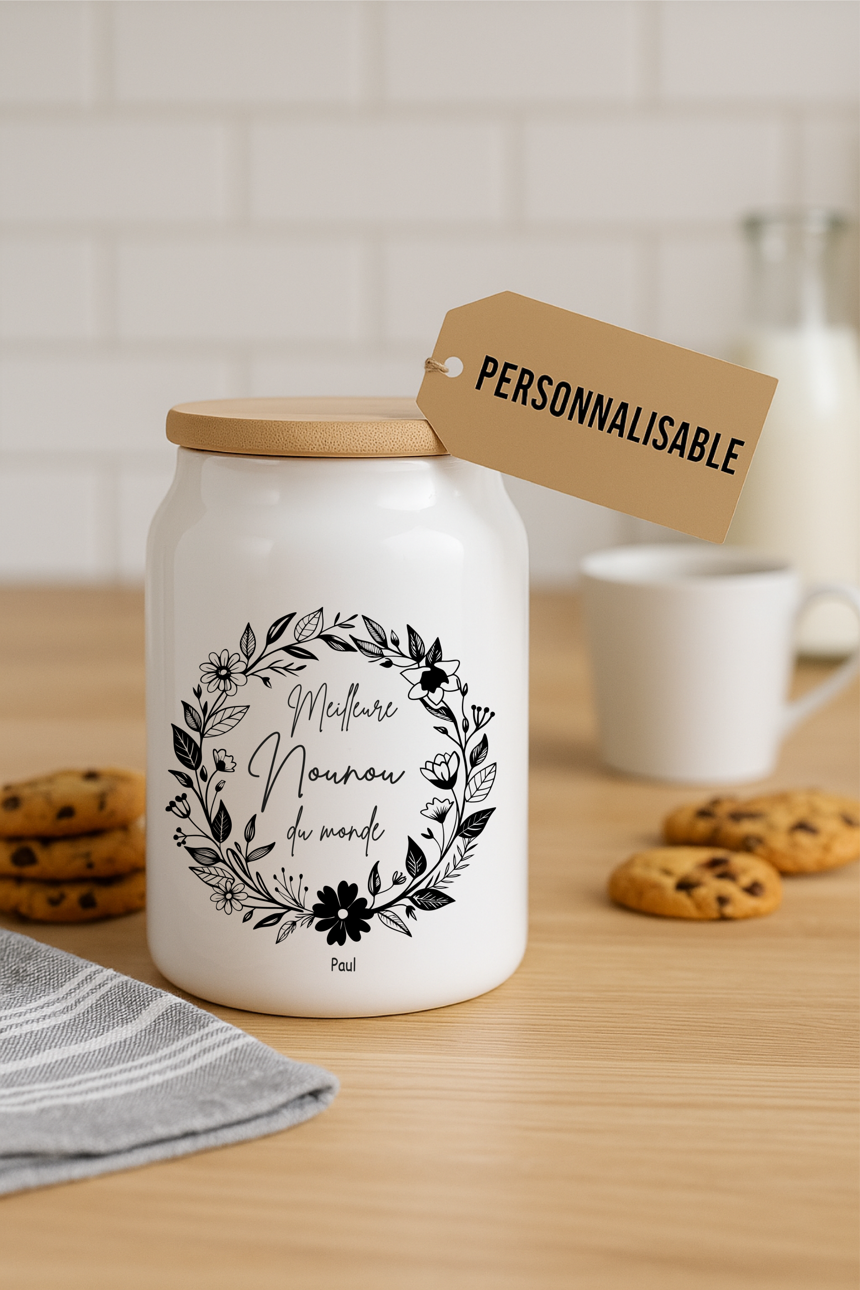 Pot à cookies personnalisable 500 ml “Meilleure Nounou du Monde” – Cadeau nounou – Cadeau fête des nounous ou Noël – Pot à biscuits céramique avec couvercle bambou – Image 3