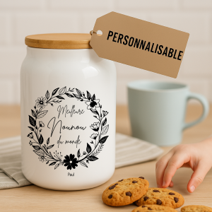 Pot à cookies personnalisable 500 ml “Meilleure Nounou du Monde” – Cadeau nounou – Cadeau fête des nounous ou Noël – Pot à biscuits céramique avec couvercle bambou
