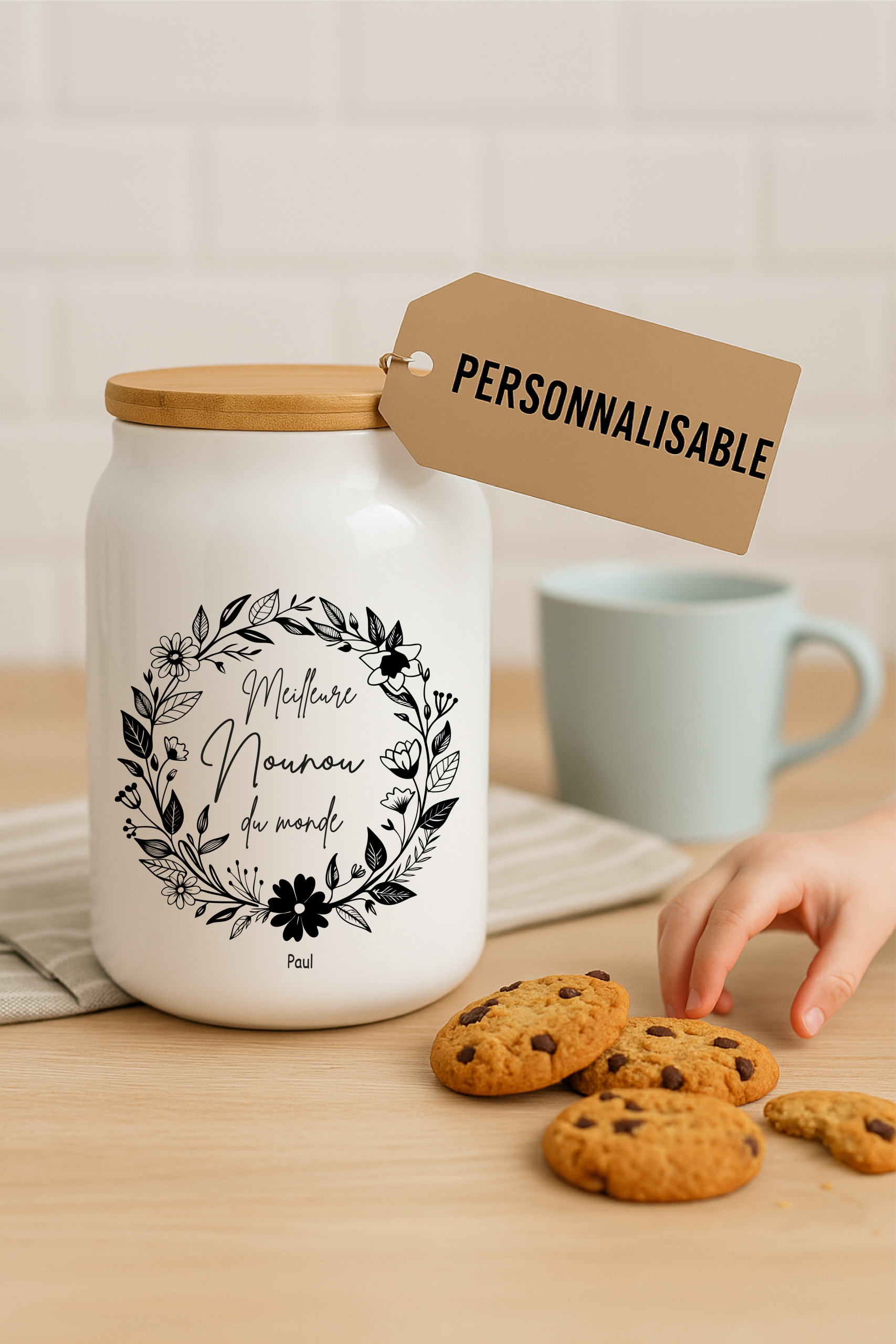Pot à cookies personnalisable 500 ml “Meilleure Nounou du Monde” – Cadeau nounou – Cadeau fête des nounous ou Noël – Pot à biscuits céramique avec couvercle bambou