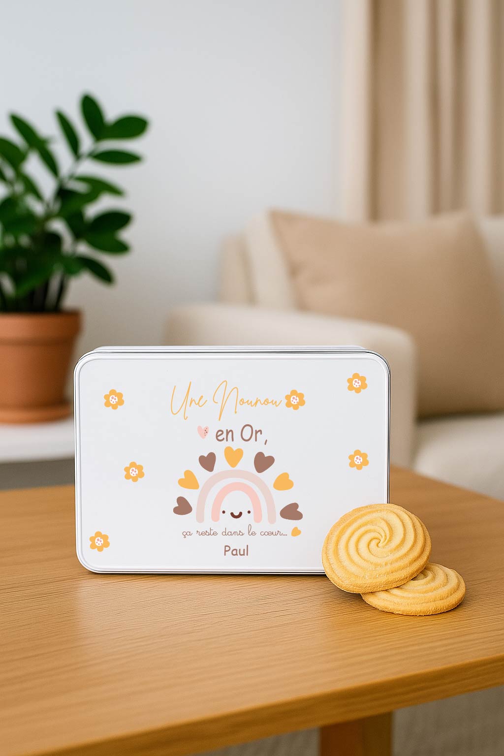 Boîte à biscuits personnalisée “Une Nounou en Or” – Cadeau fête des nounous ou Noël – Boîte en métal blanche prénom enfant – Arc-en-ciel et fleurs – Image 4
