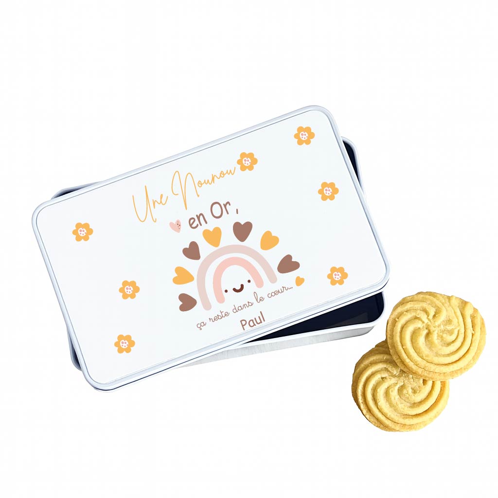 Boîte à biscuits personnalisée “Une Nounou en Or” – Cadeau fête des nounous ou Noël – Boîte en métal blanche prénom enfant – Arc-en-ciel et fleurs – Image 2