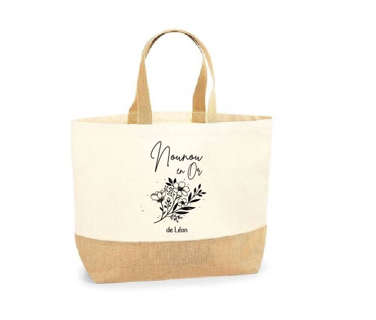 Sac cabas “Nounou en Or” – Cadeau personnalisé nounou – Fête des nounous ou Noël – Sac toile et jute 38x44x18 cm – Prénom de l’enfant personnalisable – Image 3