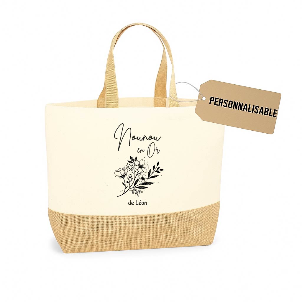 Sac cabas “Nounou en Or” – Cadeau personnalisé nounou – Fête des nounous ou Noël – Sac toile et jute 38x44x18 cm – Prénom de l’enfant personnalisable – Image 2