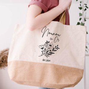 Sac cabas “Nounou en Or” – Cadeau personnalisé nounou – Fête des nounous ou Noël – Sac toile et jute 38x44x18 cm – Prénom de l’enfant personnalisable