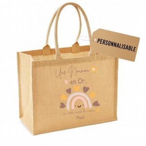 Sac en jute “Une Nounou en Or” personnalisé – Cadeau nounou fin d’année ou Noël – Arc-en-ciel pastel – Bébé Panda