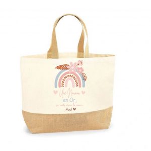 Sac cabas “Une Nounou en Or” arc-en-ciel – Cadeau personnalisé fête des nounous ou Noël – Sac toile et jute 38x44x18 cm – Prénom au choix