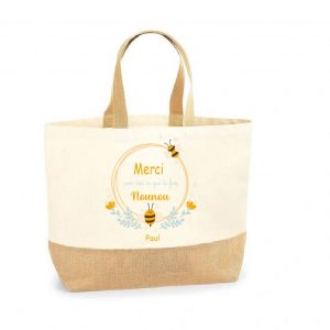 Sac cabas “Merci Nounou” motif abeilles – Cadeau fête des nounous ou Noël – Personnalisable avec prénom – Sac toile et jute 38x44x18 cm