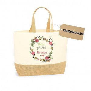 Sac cabas “Merci pour tout Nounou” – Cadeau personnalisé fête des nounous ou Noël – Sac toile et jute 38x44x18 cm – Prénom de l’enfant personnalisable