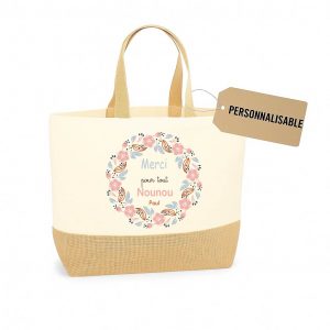 Sac cabas “Merci pour tout Nounou” – Cadeau personnalisé fête des nounous ou Noël – Sac toile et jute 38x44x18 cm – Prénom de l’enfant personnalisable