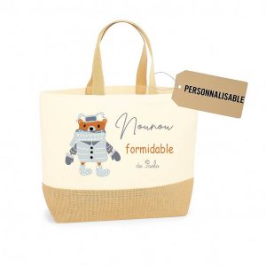 Sac cabas “Nounou formidable” ours d’hiver – Cadeau personnalisé fête des nounous ou Noël – Sac toile et jute 38x44x18 cm – Prénom au choix