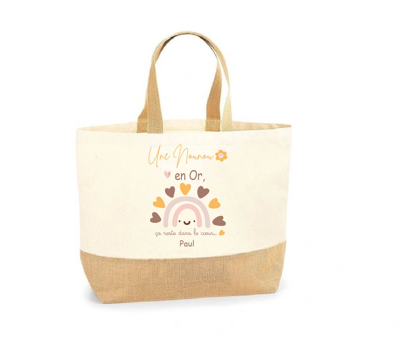 Sac cabas “Une Nounou en Or” arc-en-ciel – Cadeau fête des nounous ou Noël – Personnalisable avec prénom – Sac toile et jute 38x44x18 cm – Image 2