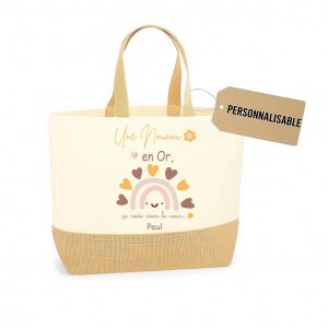 Sac cabas “Une Nounou en Or” arc-en-ciel – Cadeau fête des nounous ou Noël – Personnalisable avec prénom – Sac toile et jute 38x44x18 cm