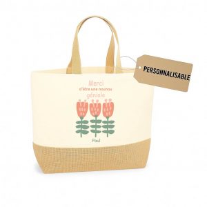 Sac cabas “Merci d’être une nounou géniale” – Cadeau personnalisé fête des nounous ou Noël – Sac toile et jute 38x44x18 cm – Prénom au choix