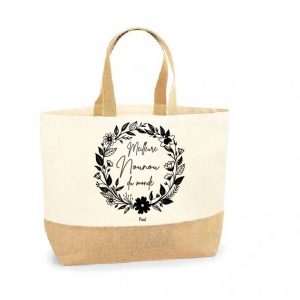 Sac cabas “Meilleure Nounou du monde” – Cadeau fête des nounous ou Noël – Personnalisable avec prénom – Grand sac en toile et jute 38x44x18 cm