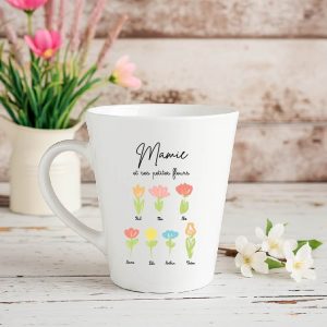 Mug conique personnalisé Mamie et ses petites fleurs – Cadeau Fête des Mamies – Mug mamie prénoms petits-enfants – Cadeau grand-mère