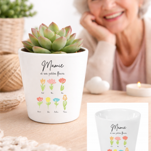 Cache pot Mamie et ses petites fleurs personnalisé – Cadeau Fête des Mamies – Cache-pot céramique – Cadeau grand-mère prénoms