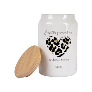 Pot à cookies Mamie personnalisé 600 ml – Cadeau Fête des Mamies – Les petites gourmandises de Mamie d’amour – Cœur léopard – Cadeau grand-mère