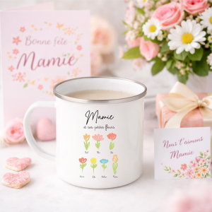 Mug Mamie personnalisé fleurs | Mug émaillé 275 ml | Cadeau Fête des Mamies | Cadeau mamie avec prénoms | Tasse mamie fleurs