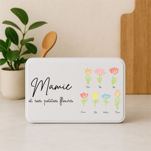 Boîte à Sucre Mamie Personnalisée 18x11x5 cm – Boîte à Biscuits Métal avec Prénoms – Cadeau Fête des Mamies 2026 – Boîte à Thé ou Souvenirs – Idée Cadeau Mamie Moderne