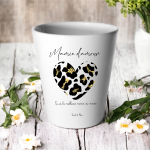 Pot personnalisé Mamie d’amour, cadeau fête des mamies, pot fleuri personnalisé, cadeau mamie original, cœur léopard