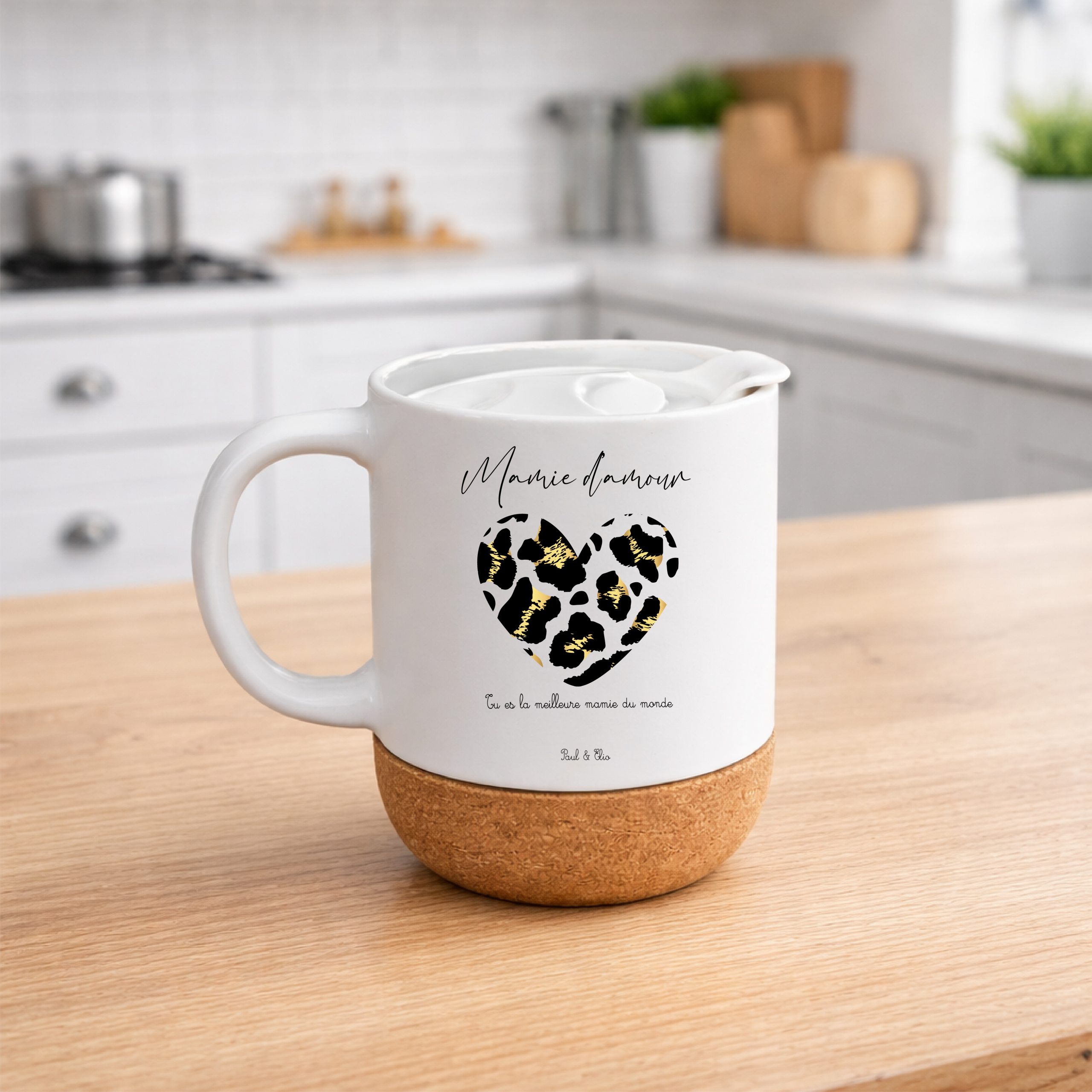 Mug Mamie d’amour personnalisé – Cadeau Fête des Grands-Mères – Mug avec cœur léopard – Prénoms des petits-enfants – Mug mamie personnalisé 330 ml