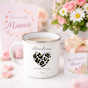 Mug Mamie d’amour personnalisé | Mug émaillé 275 ml | Cadeau Fête des Mamies | Cœur léopard noir doré | Tasse mamie avec prénoms