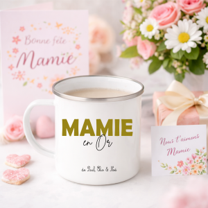 Mug Mamie en Or personnalisé | Mug émaillé 275 ml | Cadeau Fête des Mamies | Tasse mamie avec prénoms | Cadeau grand-mère original