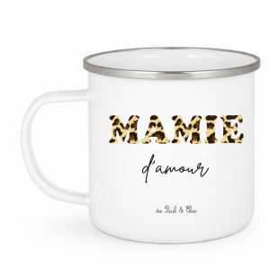 Mug Mamie d’amour léopard personnalisé | Mug émaillé 275 ml | Cadeau Fête des Mamies | Tasse mamie avec prénoms | Cadeau grand-mère