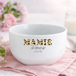 Bol Mamie d’amour personnalisé 500 ml | Cadeau Fête des Mamies original | Bol grand-mère avec prénoms | Idée cadeau Fête des grands-mères tendance léopard