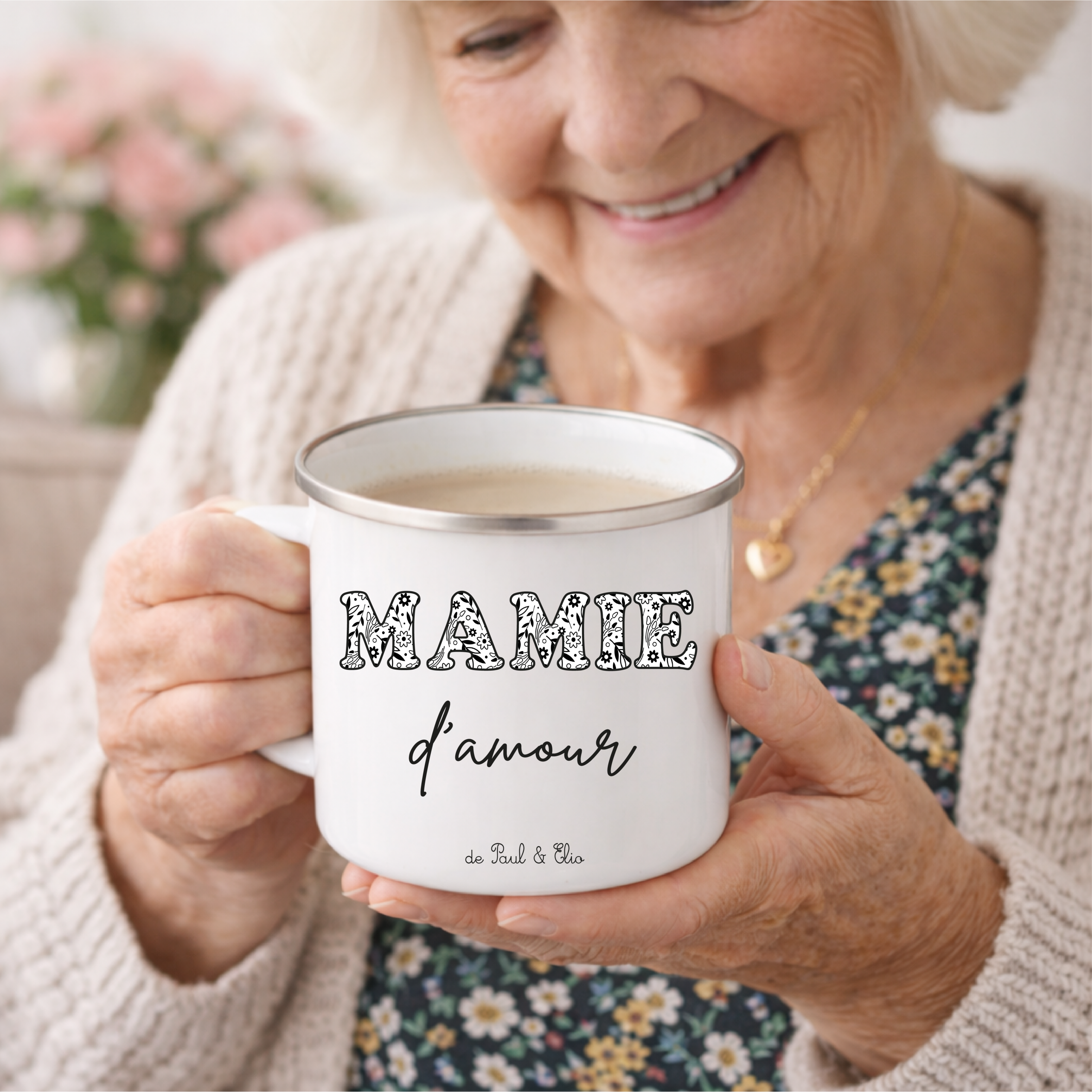 Mug Mamie d’amour personnalisé | Mug émaillé 275 ml | Cadeau Fête des Mamies | Tasse mamie avec prénoms | Cadeau grand-mère original