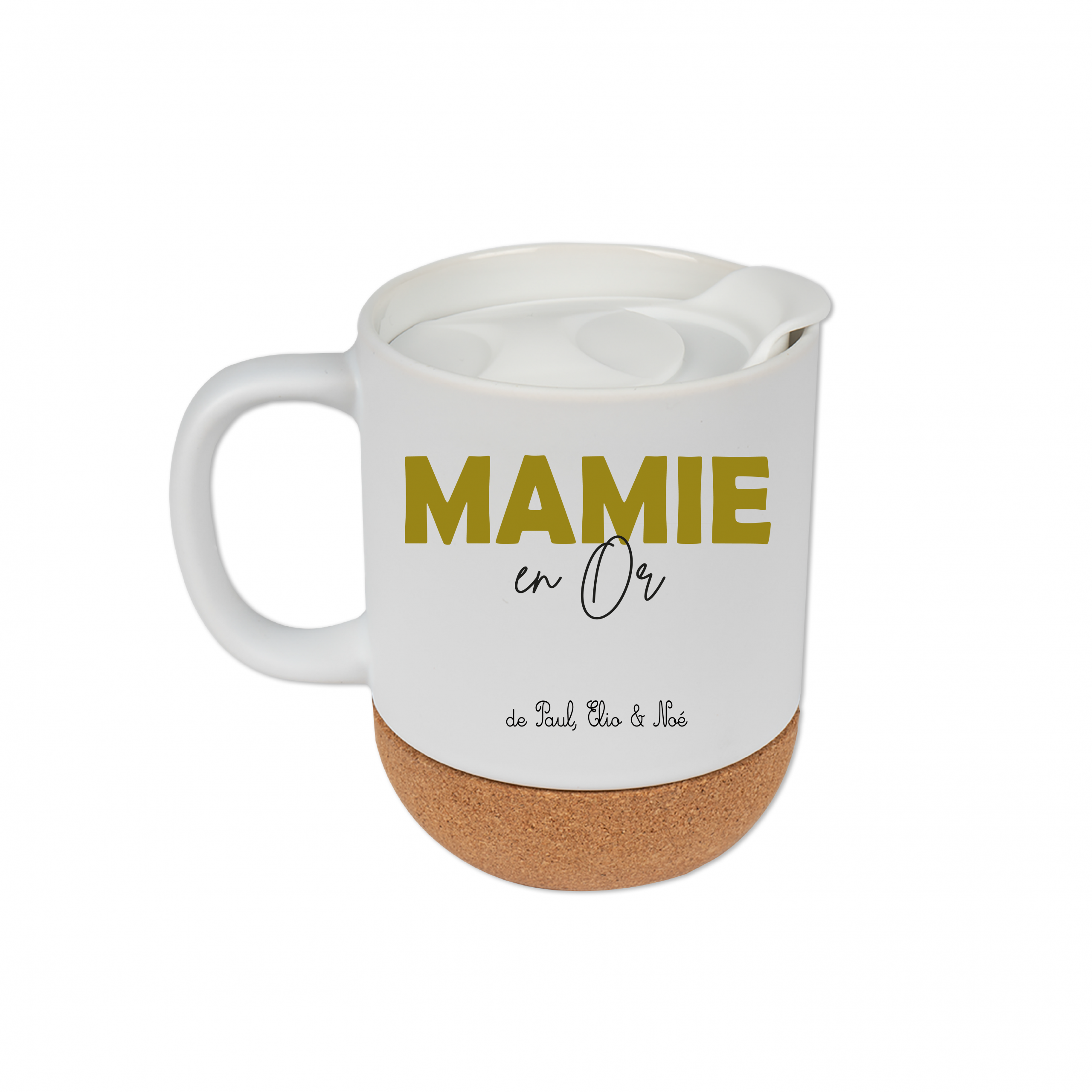 Mug Mamie en Or personnalisé – Mug céramique avec prénoms des petits-enfants – Cadeau mamie élégant – 330 ml avec couvercle