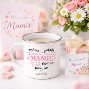 Mug Mamie personnalisé 275 ml | Cadeau Fête des Mamies | Tasse grand-mère avec prénoms | Mug émaillé Mamie parfaite