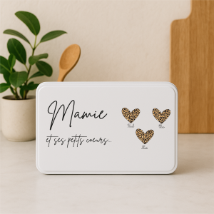 Boîte à Sucre Mamie Personnalisée 18x11x5 cm – Boîte à Biscuits Métal Léopard avec Prénoms – Cadeau Fête des Mamies 2026 – Boîte Souvenir Mamie Originale
