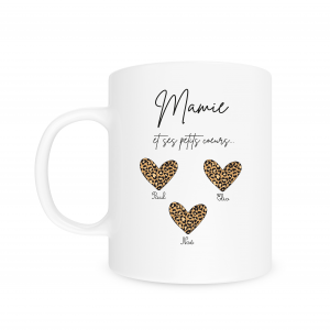 Mug personnalisé Mamie et ses petits cœurs, cadeau fête des mamies, mug mamie léopard personnalisé prénoms, cadeau grand mère
