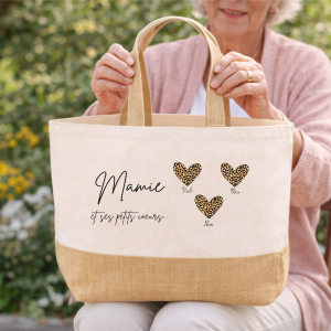 Sac cabas Mamie personnalisé 34x44x18 cm | Cadeau Fête des Mamies | Sac Mamie et ses petits cœurs | Grand sac 29L toile et jute | Idée cadeau mamie