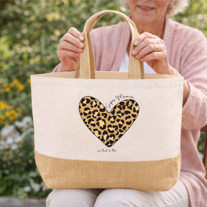 Sac cabas Mamie personnalisé léopard 34x44x18 cm | Cadeau Fête des Mamies | Sac Super Mamie | Grand sac 29L toile jute | Idée cadeau grand-mère tendance