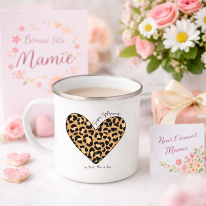 Mug Super Mamie personnalisé | Mug émaillé 275 ml | Cadeau Fête des Mamies | Cœur léopard | Tasse mamie avec prénoms