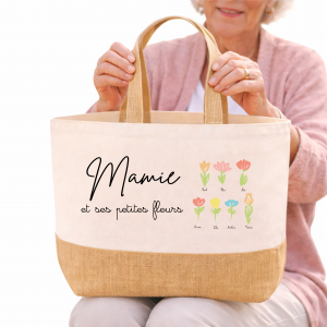 Sac cabas Mamie personnalisé fleurs 34x44x18 cm | Cadeau Fête des Mamies | Sac Mamie et ses petites fleurs | Grand sac 29L toile jute | Idée cadeau mamie