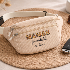 Sac banane maman personnalisé – Cadeau fête des mères – Sac velours côtelé beige – Maman formidable personnalisé prénom – Idée cadeau maman
