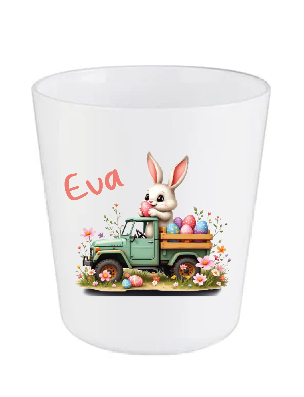 Gobelet Pâques personnalisé enfant – Gobelet lapin camion avec prénom – Cadeau Pâques enfant – Verre enfant incassable