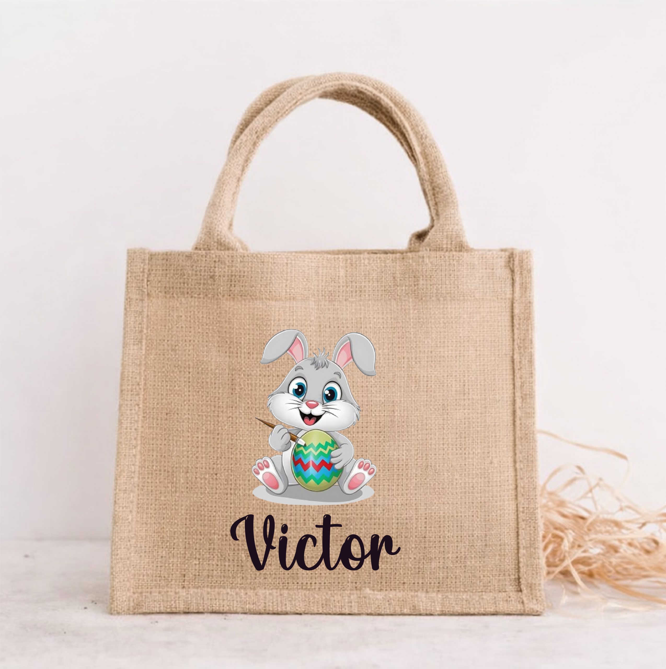 Sac de Pâques personnalisé lapin – Panier chasse aux œufs enfant avec prénom – Sac jute Pâques enfant – Sac lapin avec œuf de Pâques