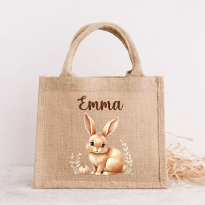 Sac de Pâques personnalisé lapin – Panier chasse aux œufs avec prénom – Sac jute Pâques enfant – Panier lapin Pâques personnalisé