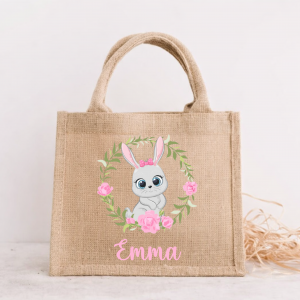 Sac de Pâques personnalisé lapin couronne fleurs – Panier chasse aux œufs enfant prénom – Sac jute Pâques – Panier Pâques personnalisé