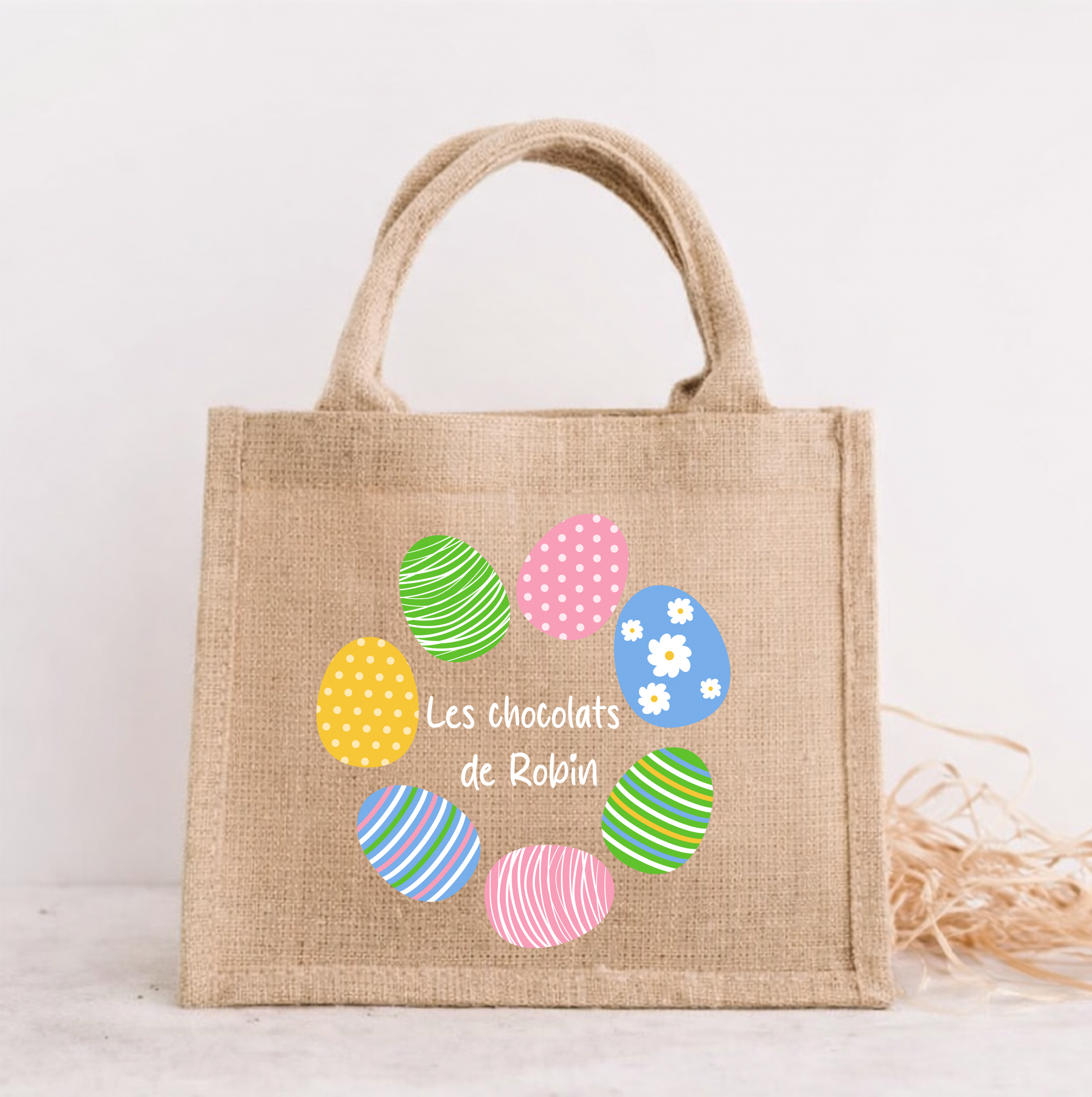 Sac de Pâques personnalisé – Sac chocolats enfant prénom – Panier chasse aux œufs – Sac jute Pâques enfant – Panier Pâques personnalisé