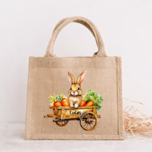Sac de Pâques personnalisé enfant lapin – Panier chasse aux œufs avec prénom – Sac jute Pâques enfant – Sac lapin personnalisé