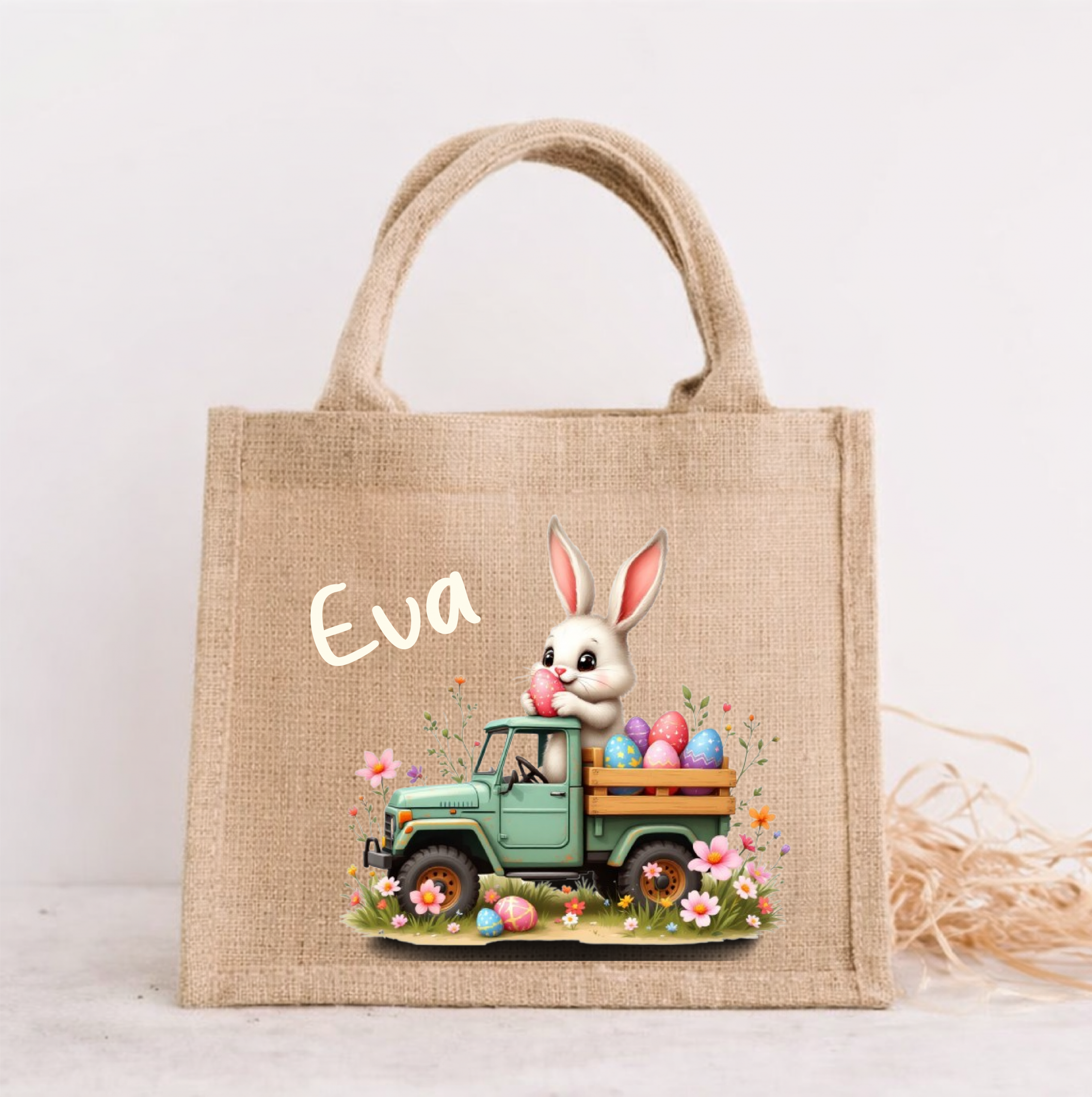 Sac de Pâques personnalisé lapin camion – Panier chasse aux œufs enfant prénom – Sac jute Pâques enfant – Panier Pâques personnalisé